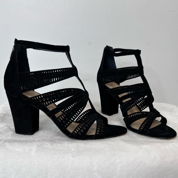 Vince Camuto Shoes - Vince Camuto Black Nizana Suede Leather Strappy Heel Peep Toe Women's Size 8